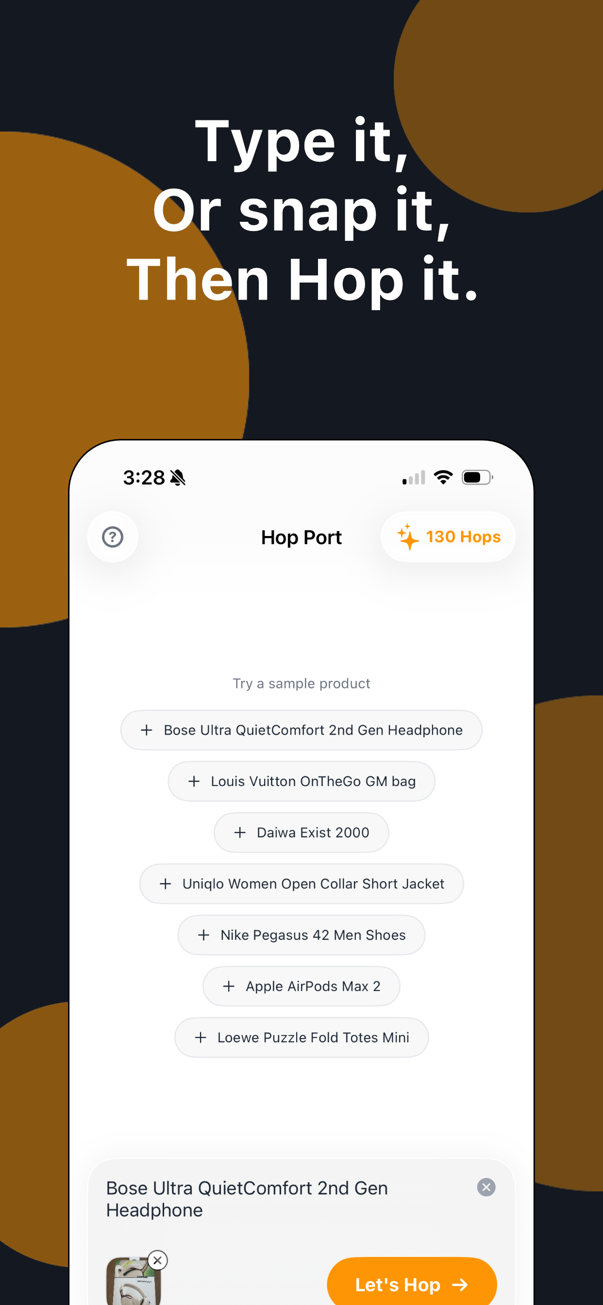 PriceHop AI product entry screen where you type or snap a product