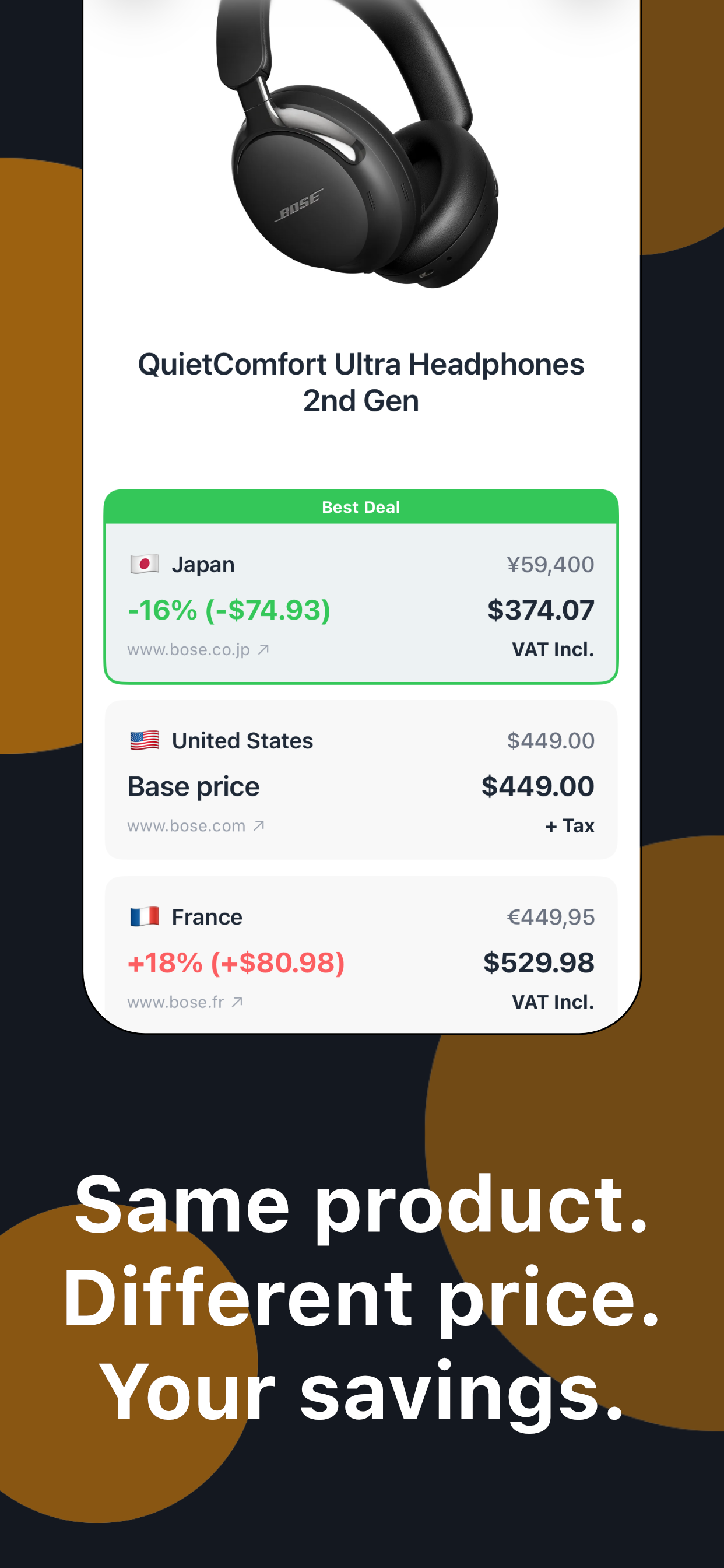 PriceHop AI comparison screen showing the same headphones priced across countries