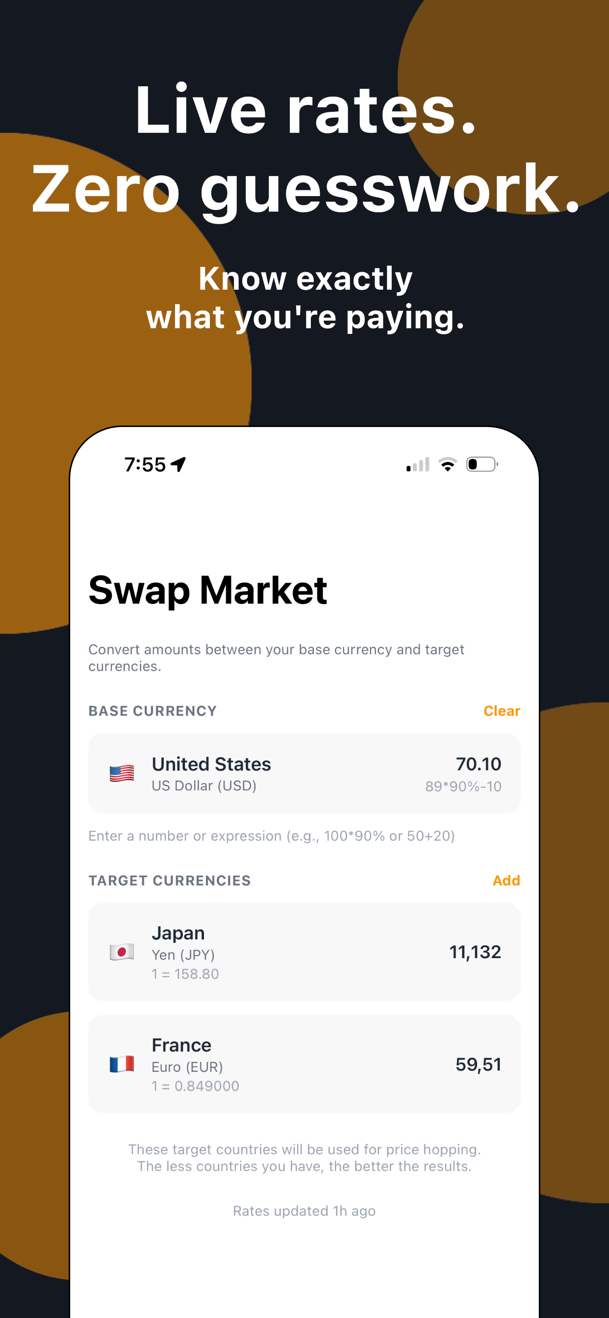 PriceHop AI currency swap screen for converting prices between markets